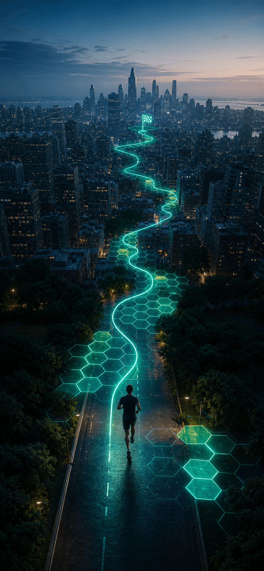 Runner following a glowing Runquest route across a city
