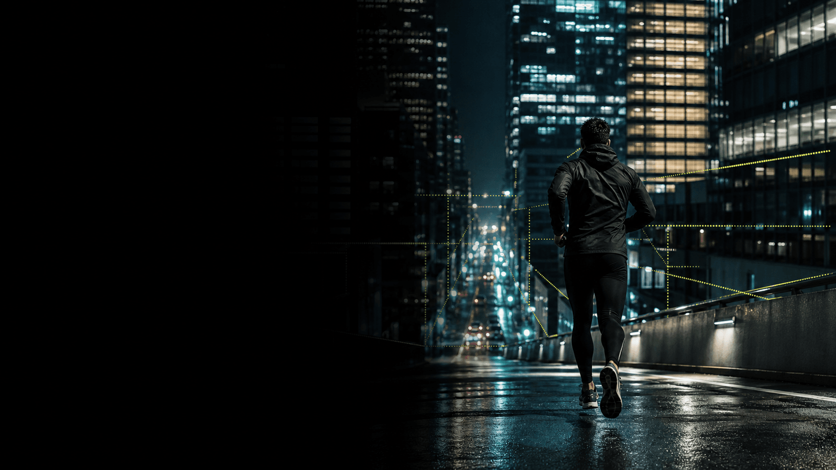 Runner moving through a city with subtle territory route lines